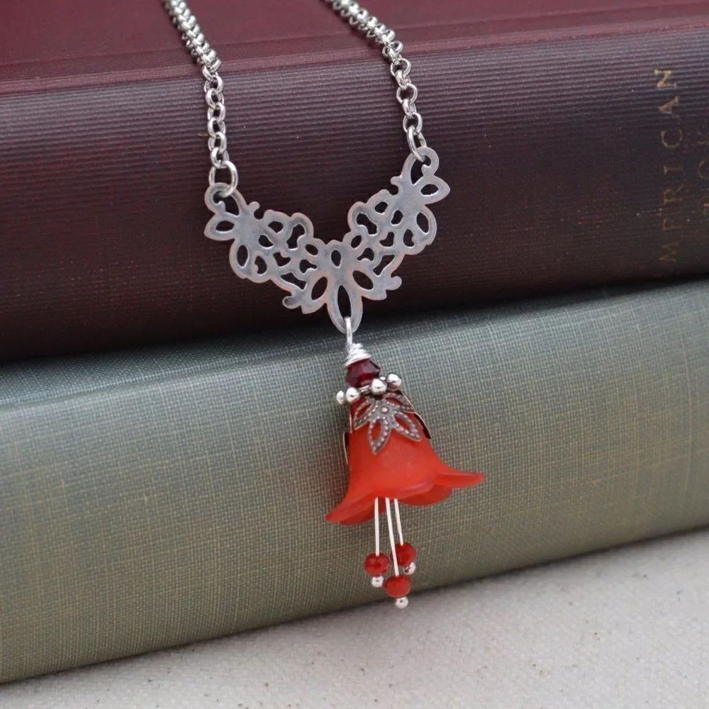 Red Bell Flower Double Necklace - Picture 2 of 4